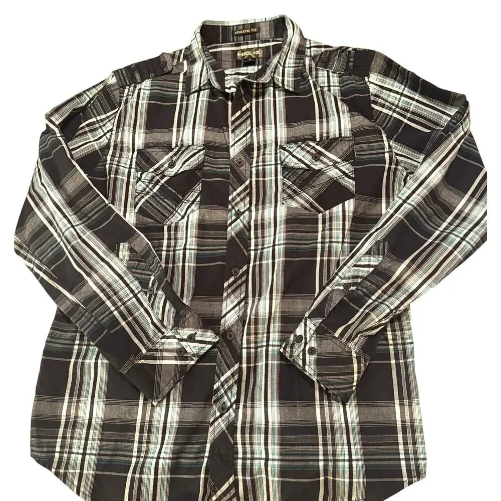 Helix Plaid Button Up Shirt Mens size L Western‎ Athletic Fit Black long Sleeve